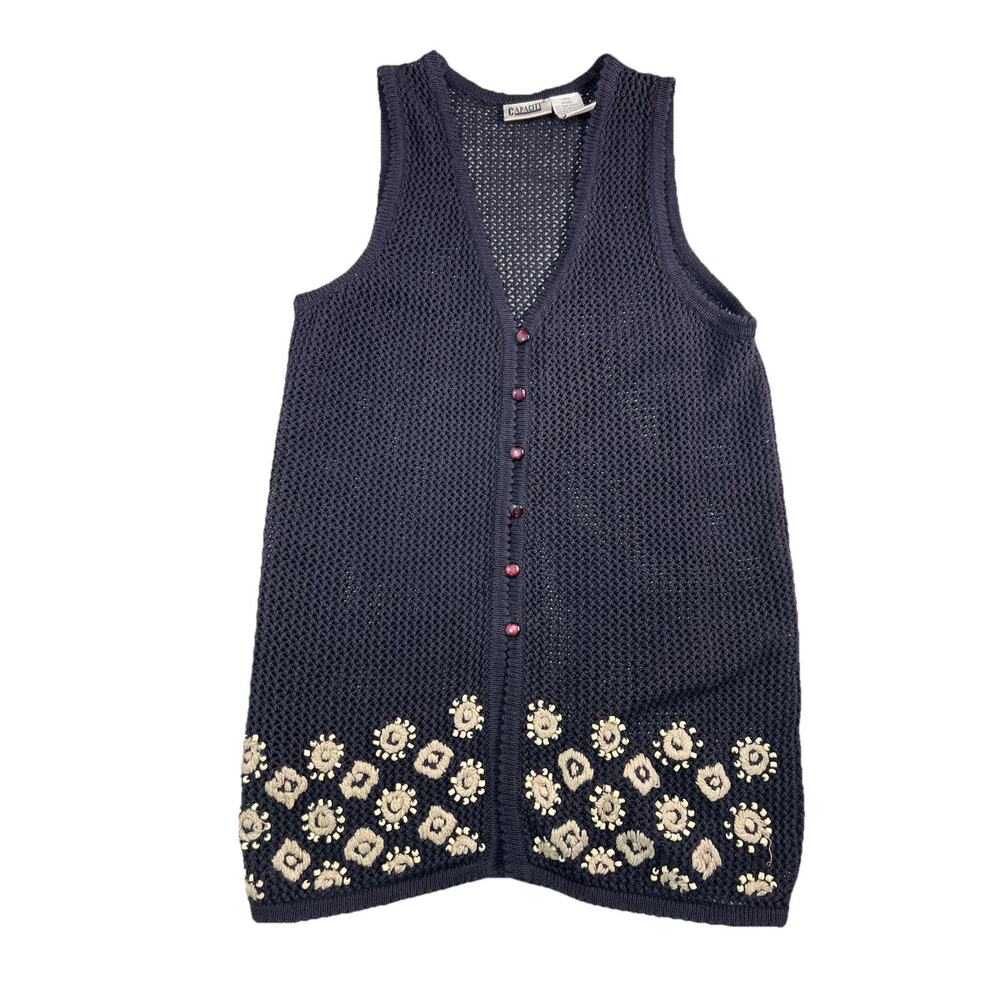 Knit Beaded Vest Dark Blue Floral Boho Festival Capacity Women’s Size Large